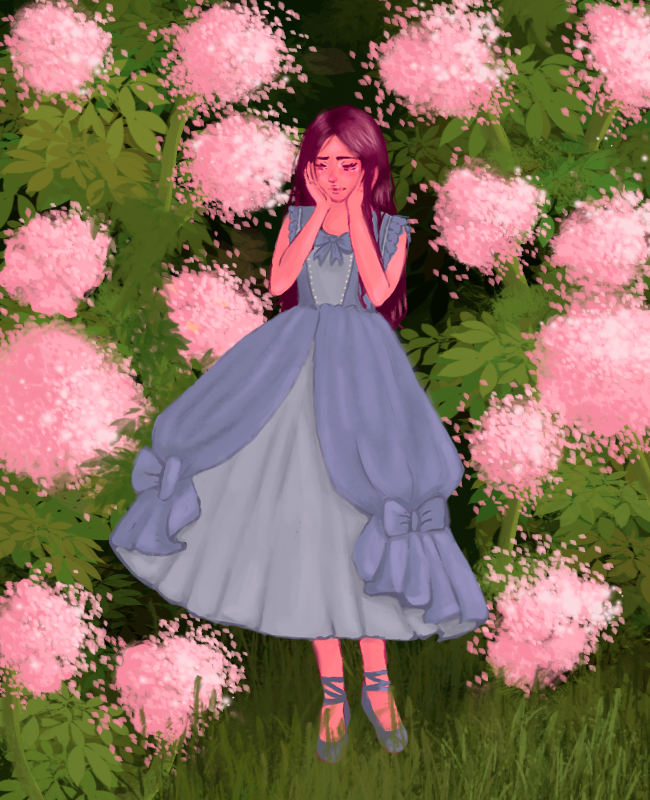 una princesa entre arbustos de flores